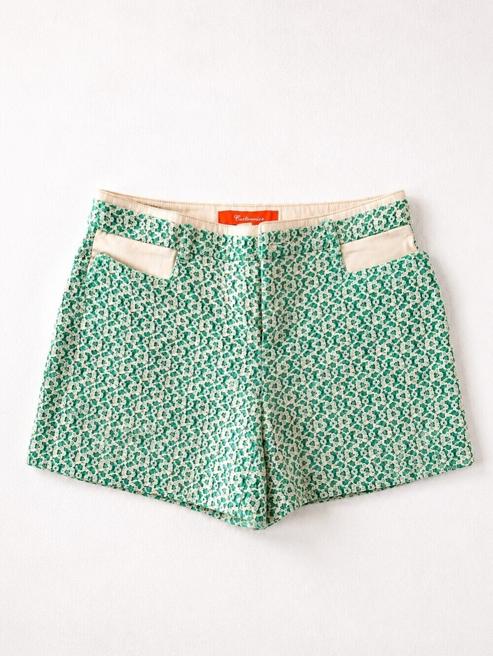 Cartonnier Green Lace Overlay Shorts Women’s Size 6 Anthropologie Cream Floral